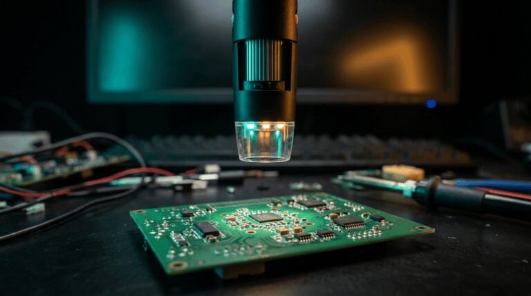 Microscópio USB digital inspecionando componentes SMD em placa de circuito