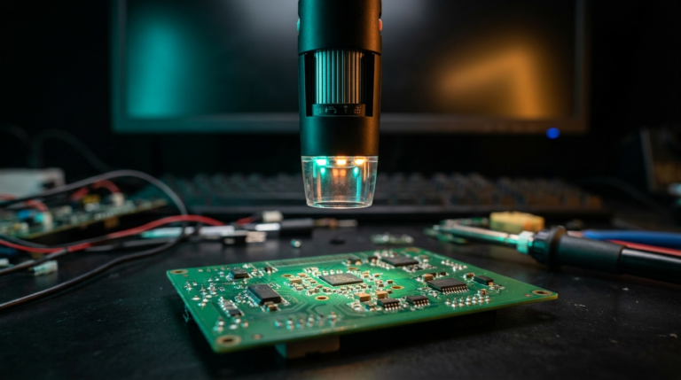 Microscópio USB digital inspecionando componentes SMD em placa de circuito