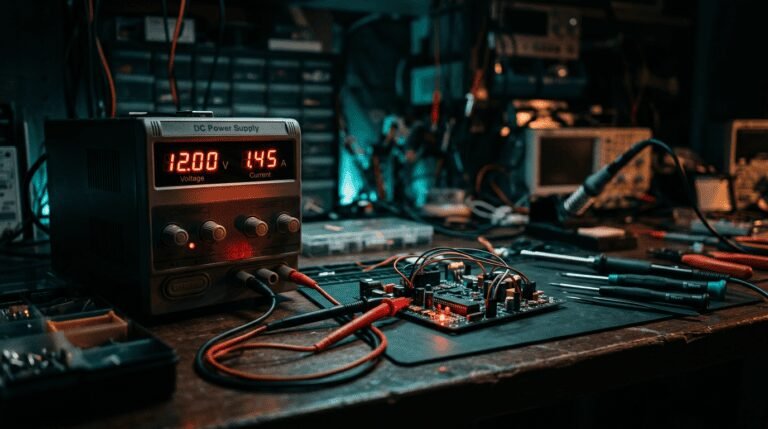 Fonte de bancada com displays digitais de tensão e corrente conectada a uma placa