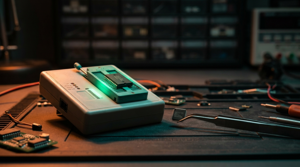 Gravadora universal de chips com soquete ZIF e chip de memória na bancada de eletrônica