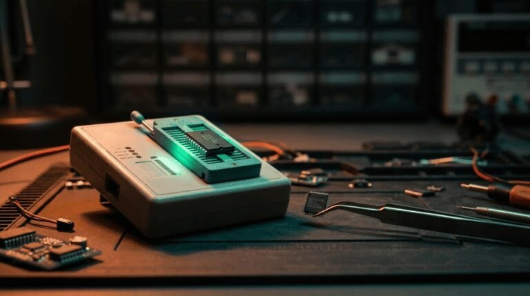 Gravadora universal de chips com soquete ZIF e chip de memória na bancada de eletrônica