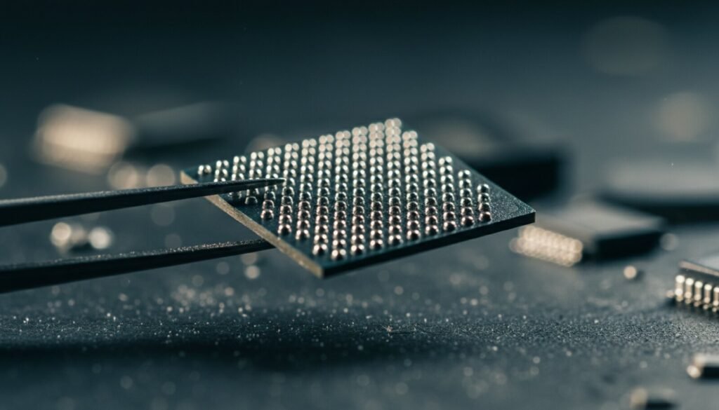 Chip BGA de cabeça para baixo mostrando as esferas de solda
