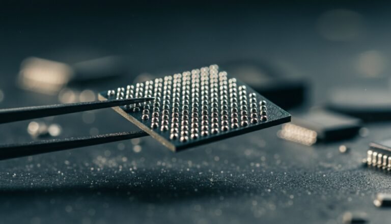 Chip BGA de cabeça para baixo mostrando as esferas de solda