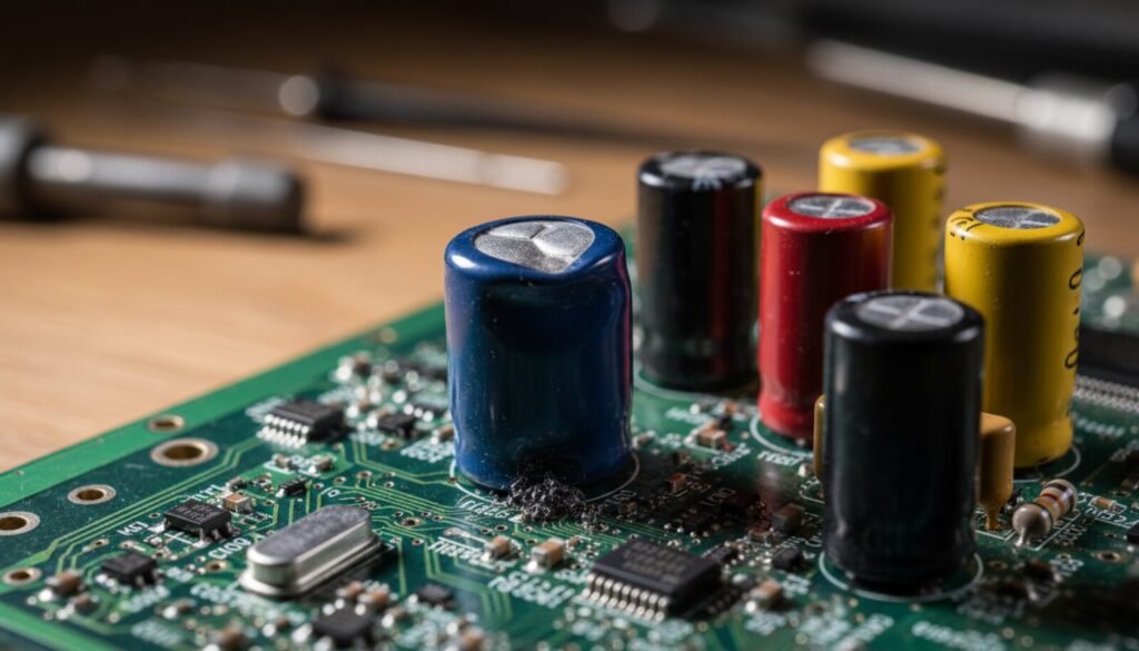 Capacitor eletrolítico estufado com vazamento em placa de circuito