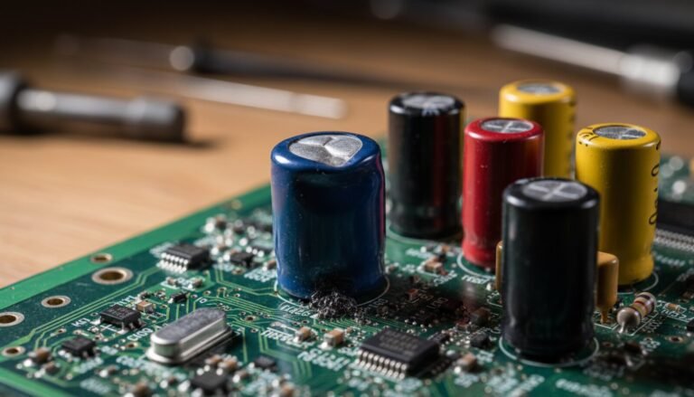 Capacitor eletrolítico estufado com vazamento em placa de circuito