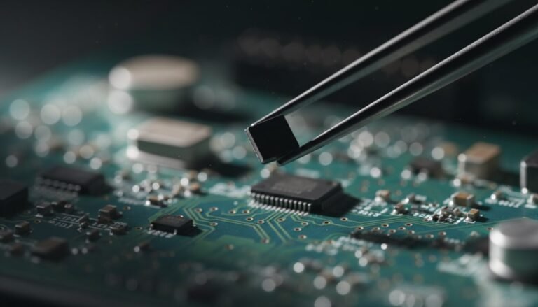 Pinça segurando MOSFET SMD sobre placa de circuito