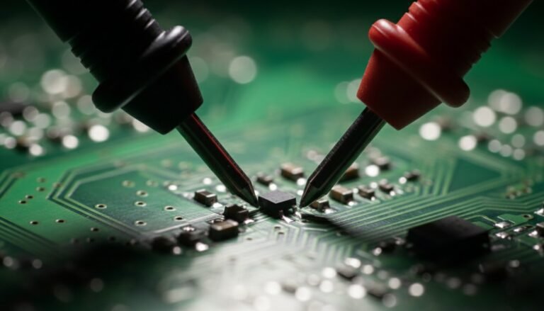 Pontas de prova vermelha e preta testando componente SMD em placa de circuito