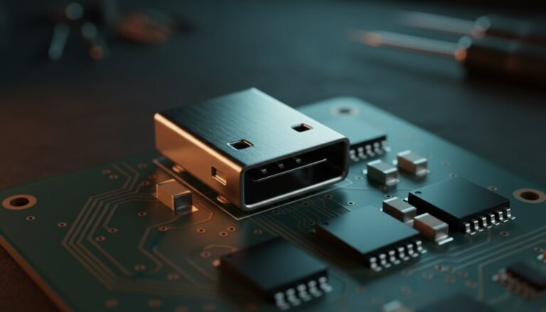 Conector USB tipo A soldado em placa de circuito impresso na bancada
