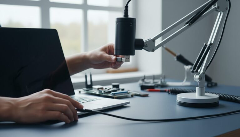 Mão conectando o cabo USB do microscópio digital em um notebook
