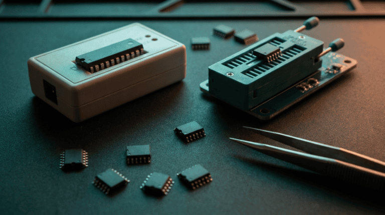 Gravadora de chips na bancada de eletrônica com soquete ZIF e chips SOP8