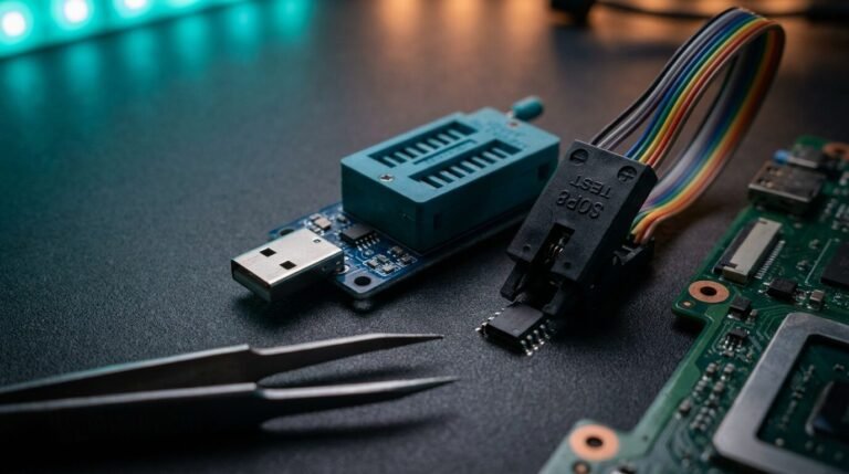 Gravador CH341A com soquete ZIF e clip SOP8 conectado a chip de memória em placa de notebook