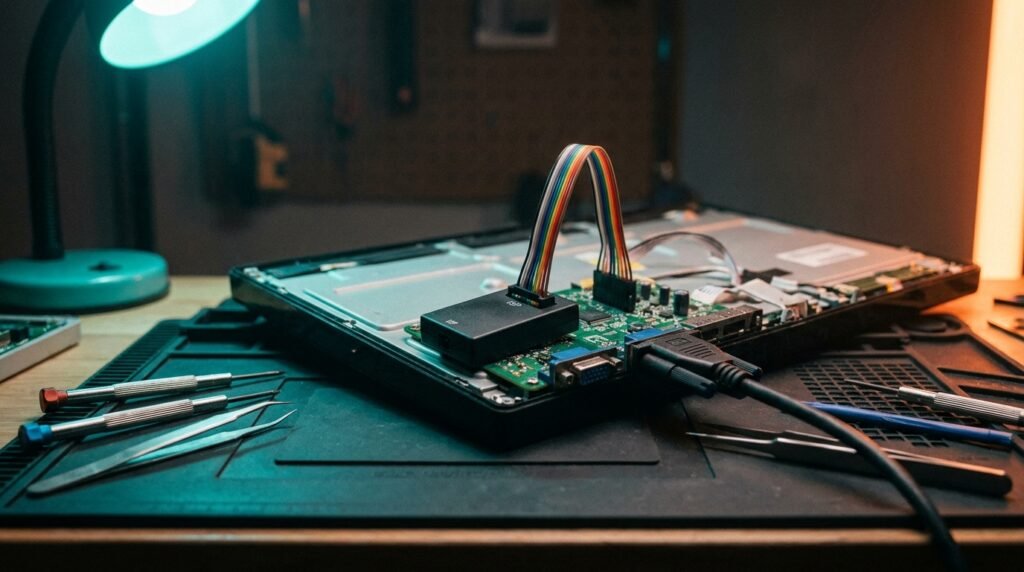 Gravadora ISP conectada por cabos à placa principal de uma TV de tela plana na bancada de reparo