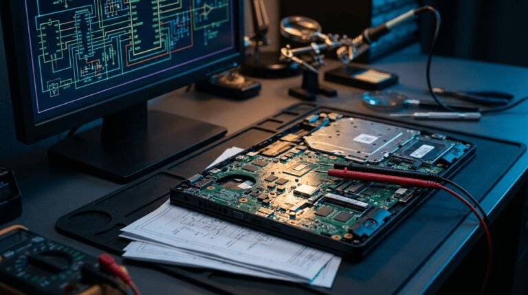 Placa de notebook na bancada ao lado de monitor exibindo esquema elétrico com trilhas iluminadas