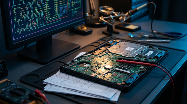 Placa de notebook na bancada ao lado de monitor exibindo esquema elétrico com trilhas iluminadas
