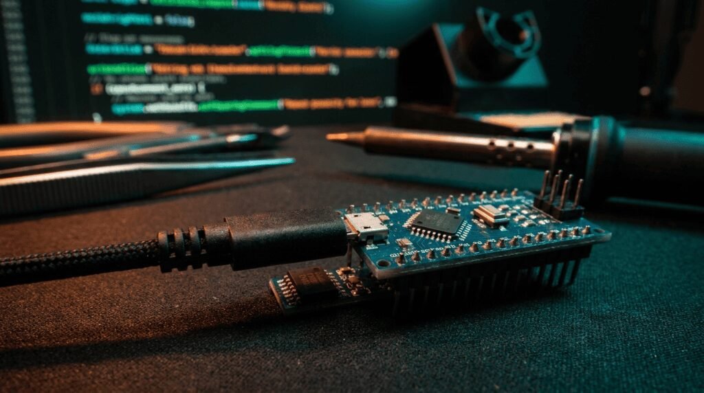 Placa Arduino conectada por USB com chip conversor serial em destaque na bancada