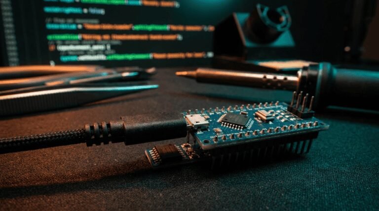 Placa Arduino conectada por USB com chip conversor serial em destaque na bancada