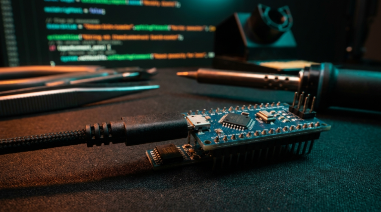 Placa Arduino conectada por USB com chip conversor serial em destaque na bancada