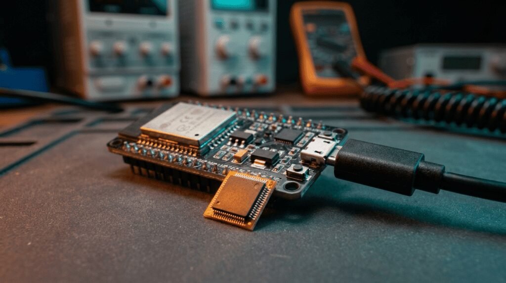 Placa ESP32 conectada por USB com chip CP2102 em destaque na bancada
