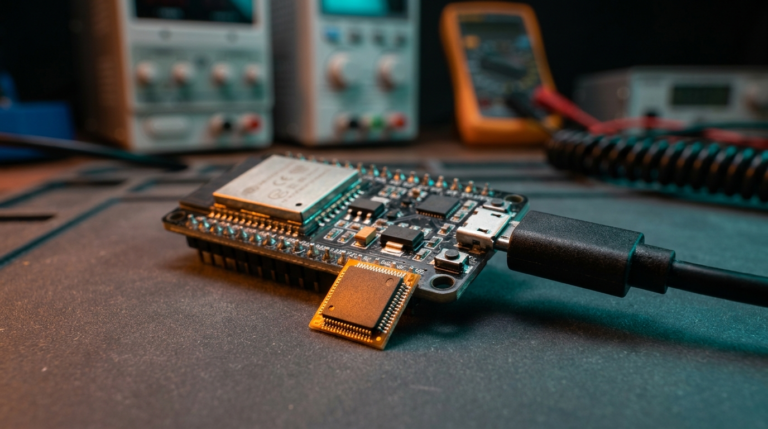 Placa ESP32 conectada por USB com chip CP2102 em destaque na bancada