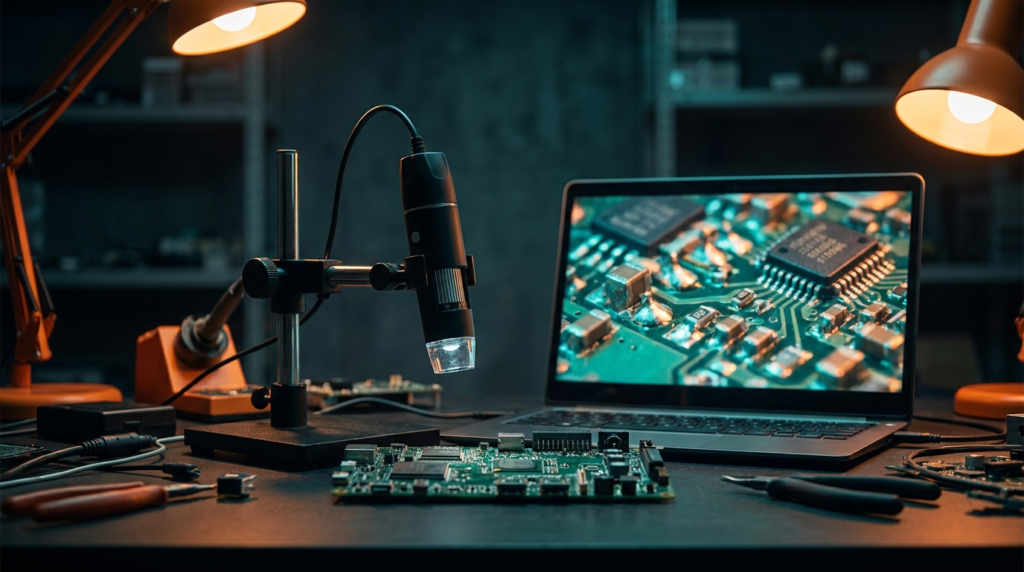 Microscópio USB apontado para placa de circuito ao lado de notebook mostrando a imagem ampliada