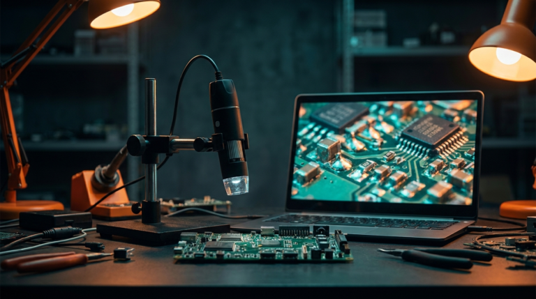 Microscópio USB apontado para placa de circuito ao lado de notebook mostrando a imagem ampliada