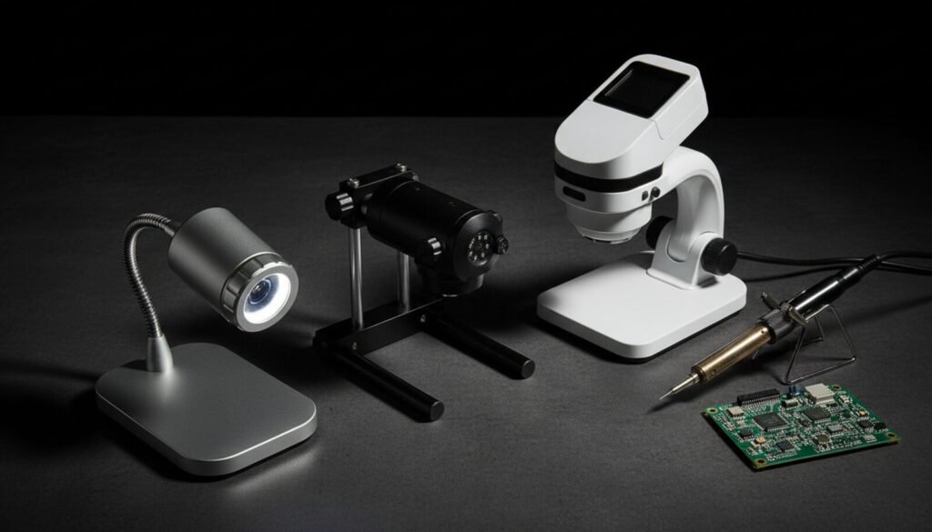 Três microscópios USB de tipos diferentes ao lado de um ferro de solda e uma placa SMD