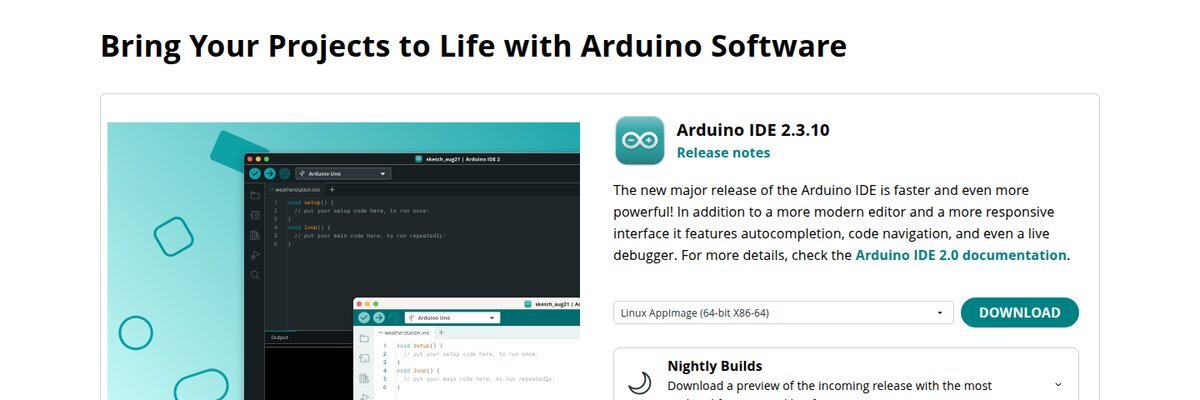 Página oficial de software da Arduino mostrando o Arduino IDE 2.3.10 com o botão de download