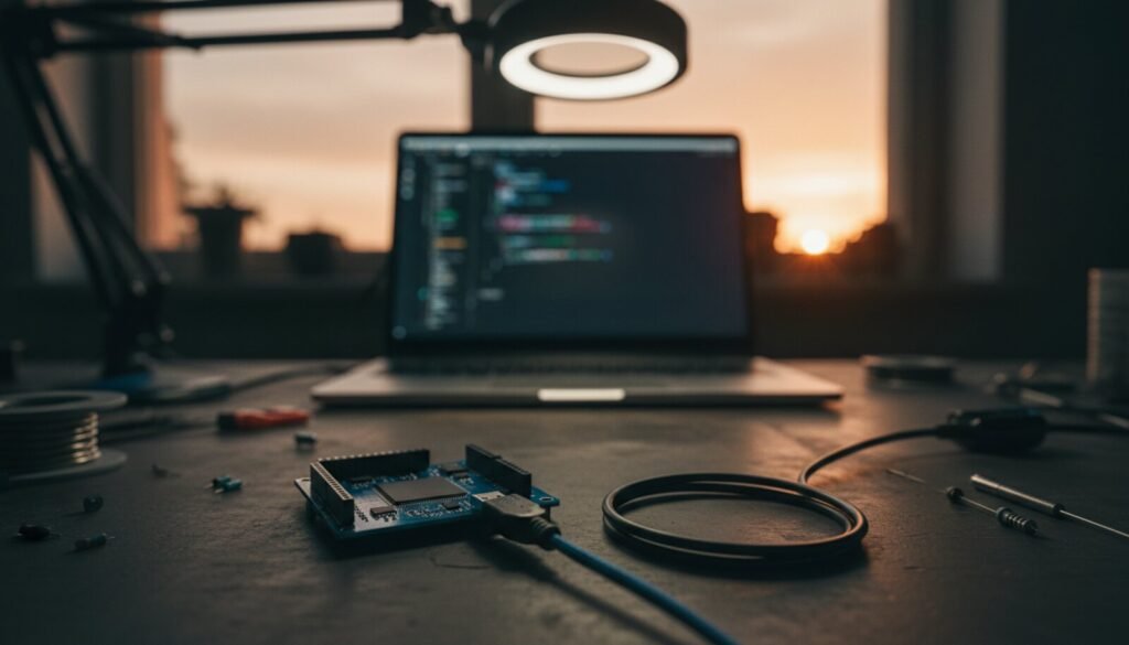 Bancada com notebook e placa de microcontrolador ligada por cabo USB