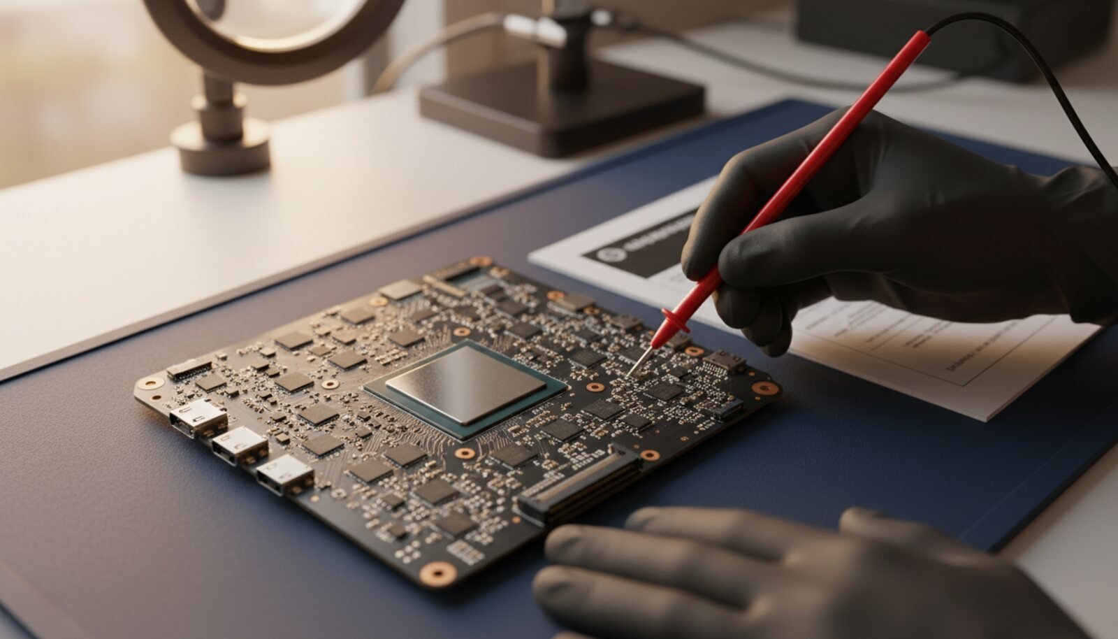 Bancada de reparo: técnico de luvas antiestáticas pretas medindo com a ponta de prova uma placa de notebook atual, compacta e em PCB preto, com a ficha impressa ao lado