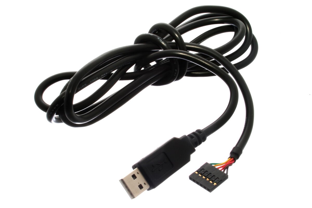 Cabo conversor USB para serial TTL, com conector USB de um lado e conector fêmea de seis vias do outro