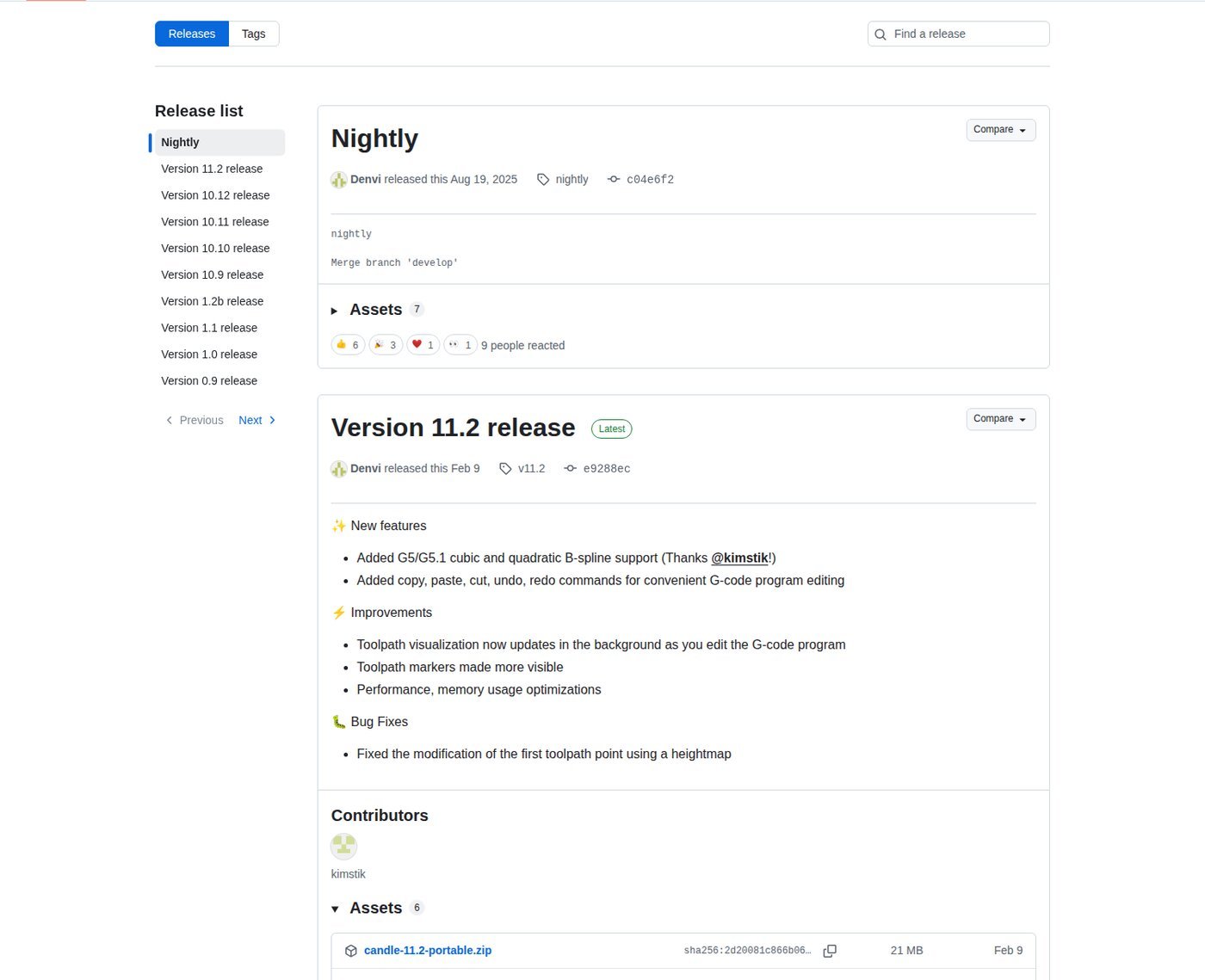 Página oficial de releases do Candle no GitHub mostrando a versão 11.2 como Latest e a lista de versões anteriores