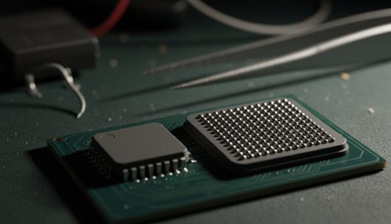 Chip QFN e chip BGA com matriz de bolas de solda sobre uma placa de circuito