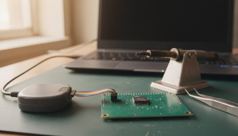 Gravador conectado a uma placa com microcontrolador em bancada de eletrônica