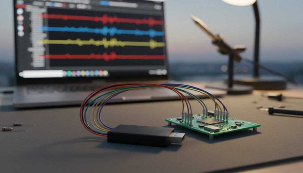 Analisador lógico USB ligado por fios coloridos a uma placa na bancada, com sinais digitais na tela do notebook ao fundo
