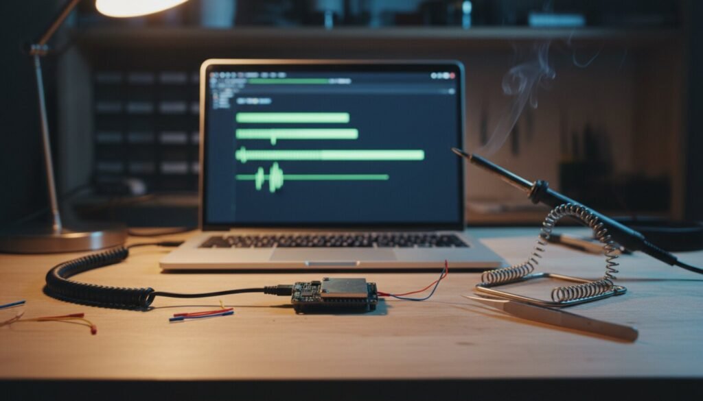 Placa ESP32 ligada por cabo USB a um notebook numa bancada de eletrônica