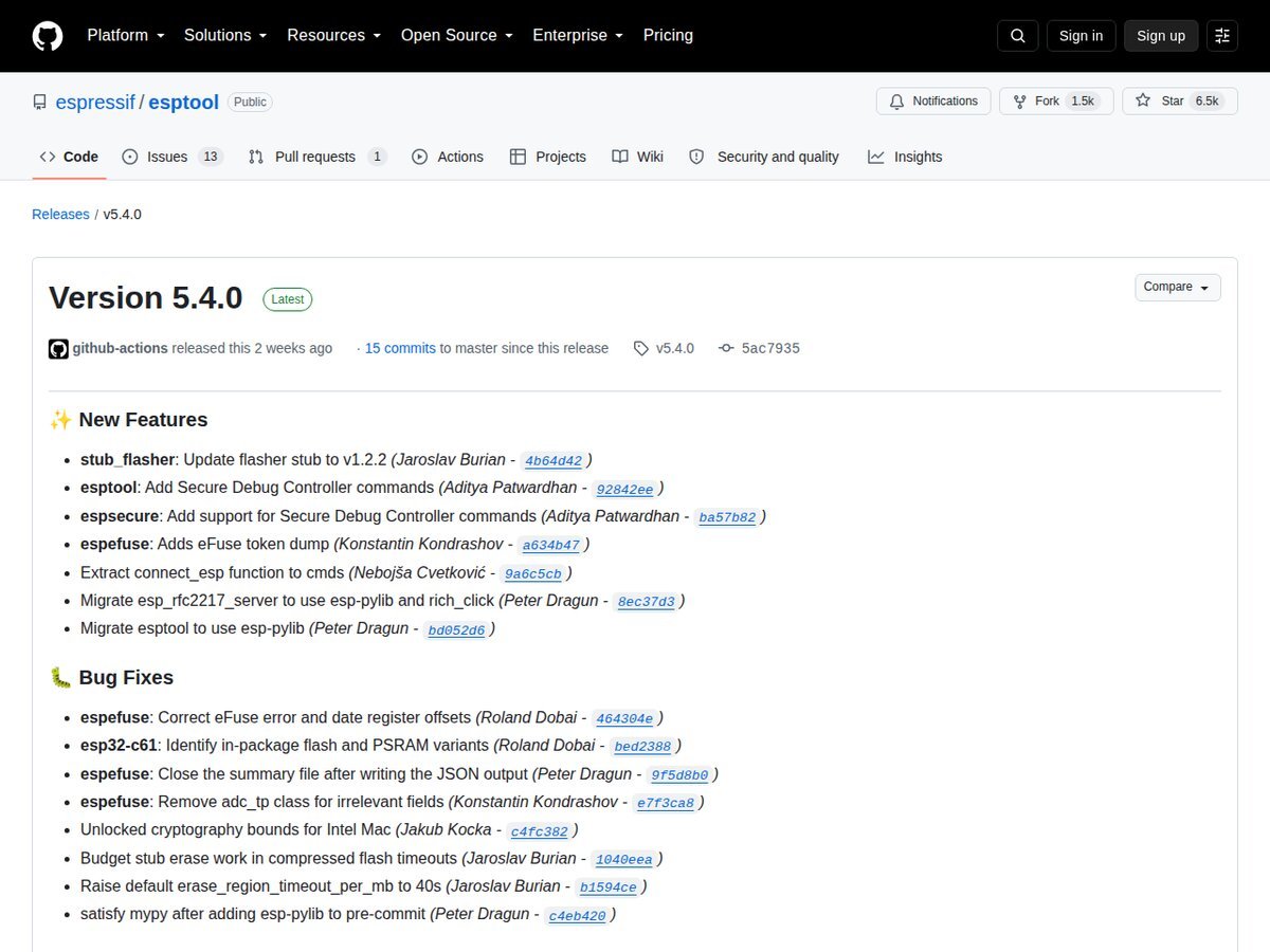 Página oficial de releases do esptool no GitHub da Espressif mostrando a versão 5.4.0 marcada como Latest