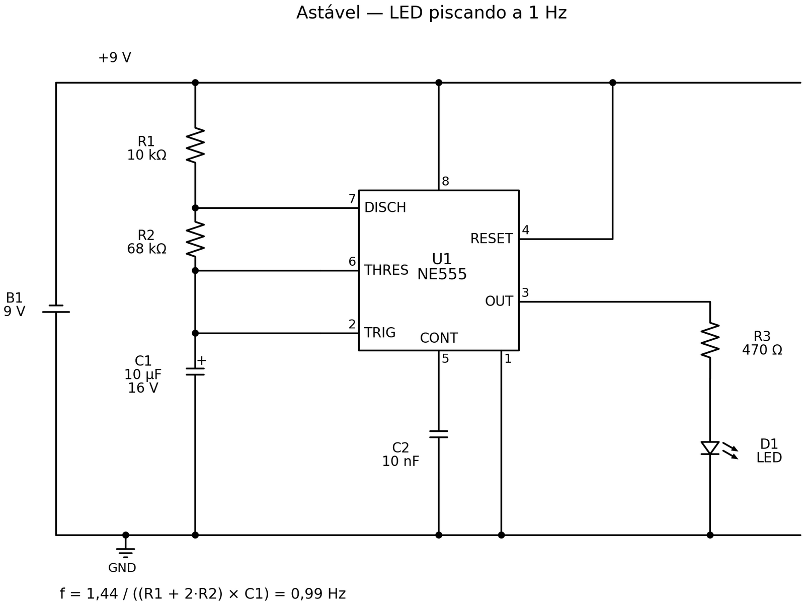 Esquema elétrico do multivibrador astável com NE555, R1 de 10 k, R2 de 68 k, C1 de 10 uF e LED na saída