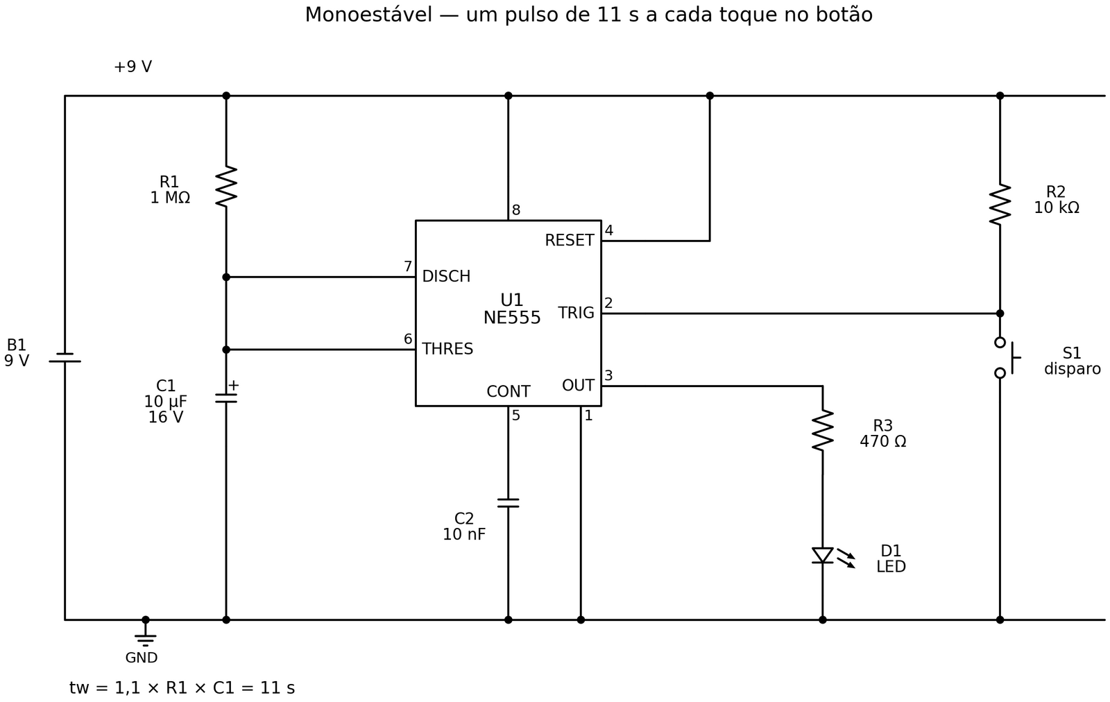 Esquema elétrico do monoestável com NE555, R1 de 1 M, C1 de 10 uF, botão de disparo e LED na saída