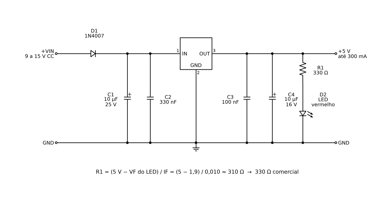 Esquema elétrico da fonte regulada de 5 V com 7805, diodo de bloqueio 1N4007, capacitores de entrada e saída e LED indicador