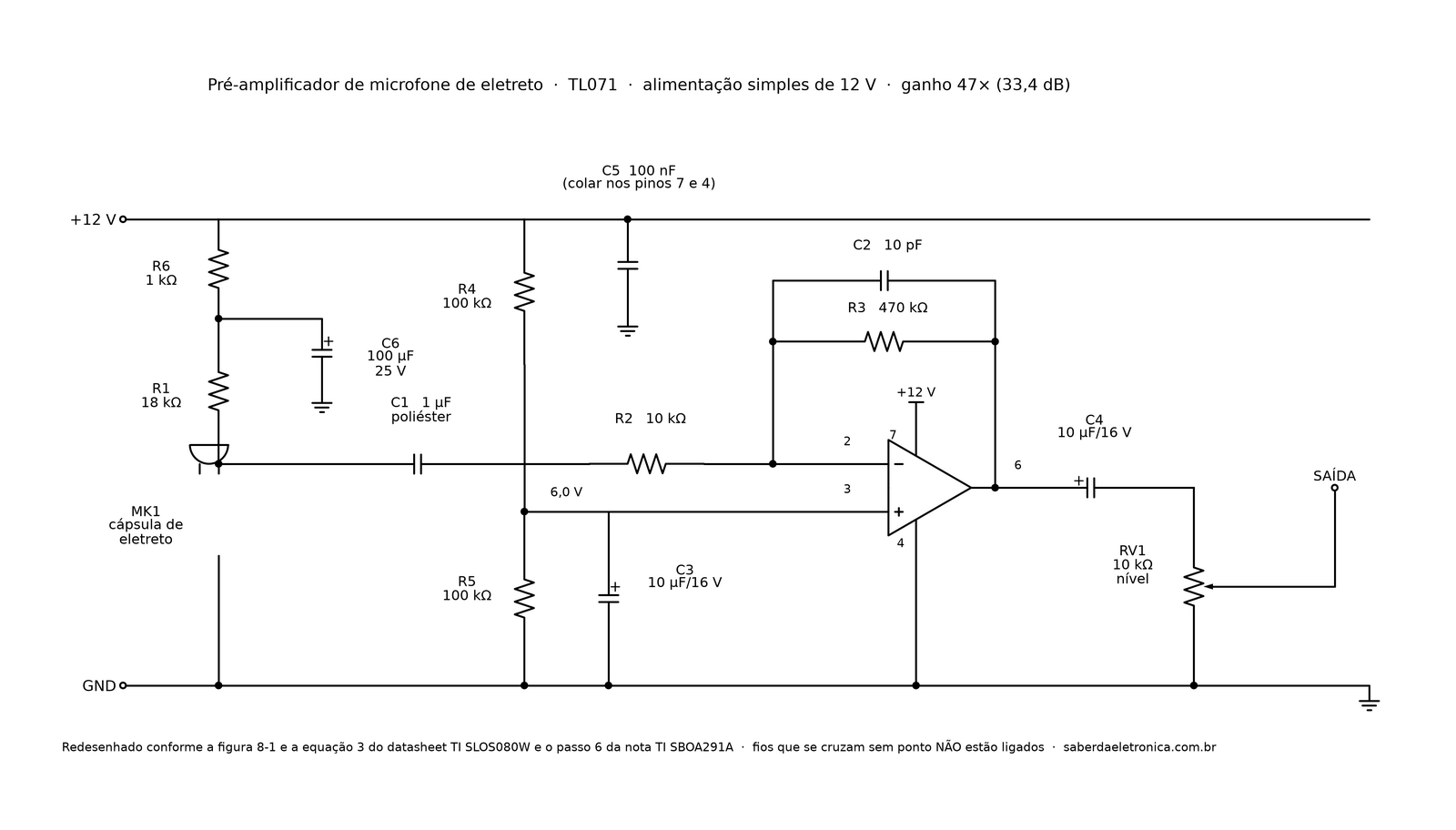 Esquema elétrico do pré-amplificador de microfone de eletreto com TL071, alimentação simples de 12 V