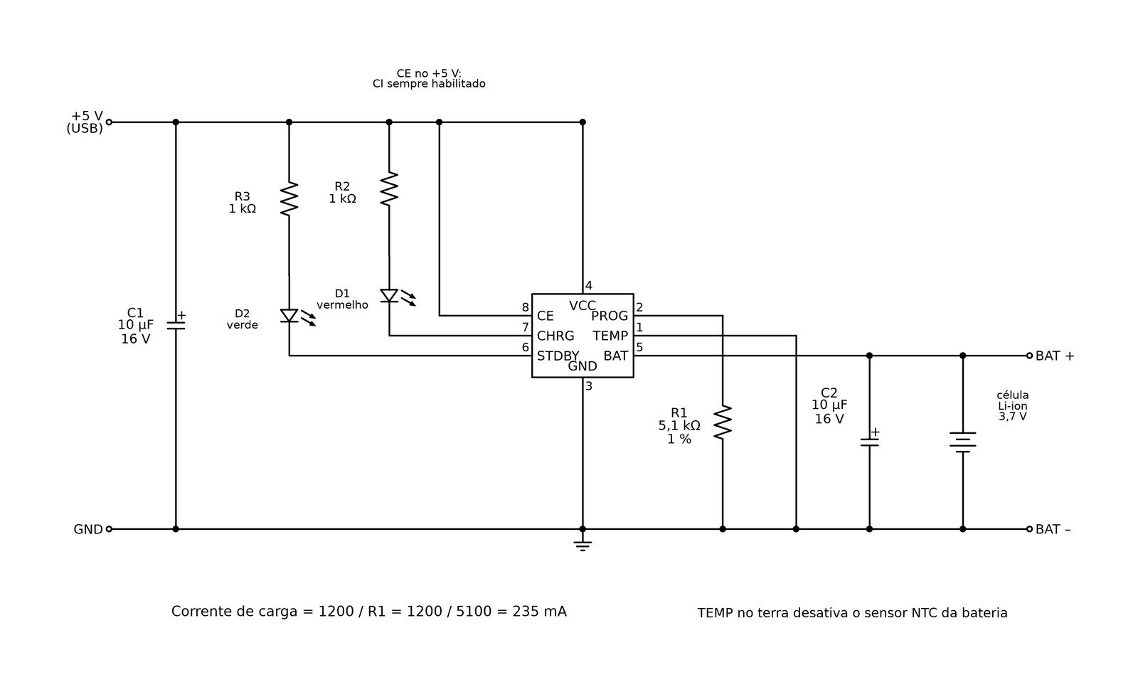 Esquema elétrico do carregador de bateria de lítio com o CI TP4056, resistor de programação de 5,1 kΩ, dois LEDs indicadores e bornes de entrada e de bateria