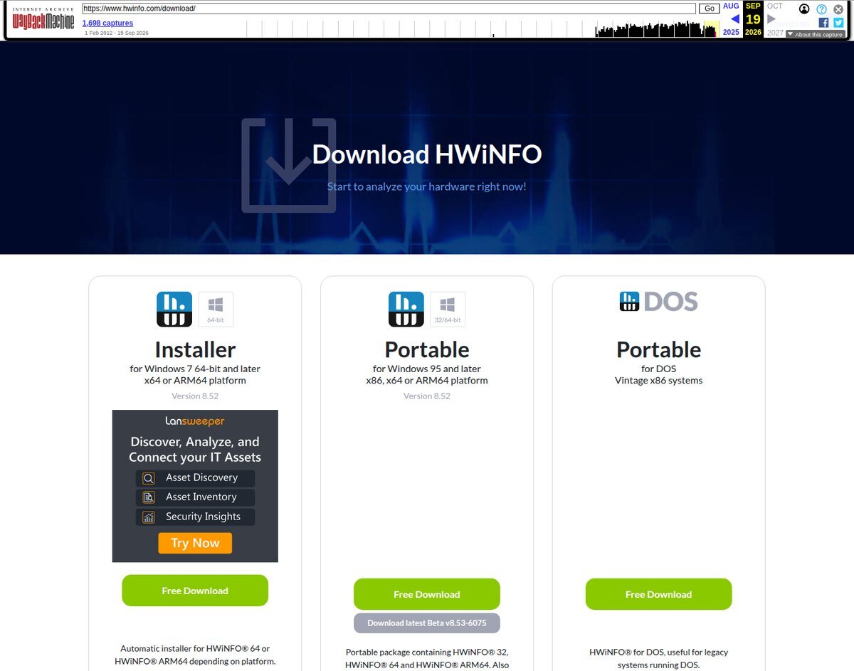 Página oficial de download do HWiNFO mostrando os pacotes Installer, Portable e DOS na versão 8.52