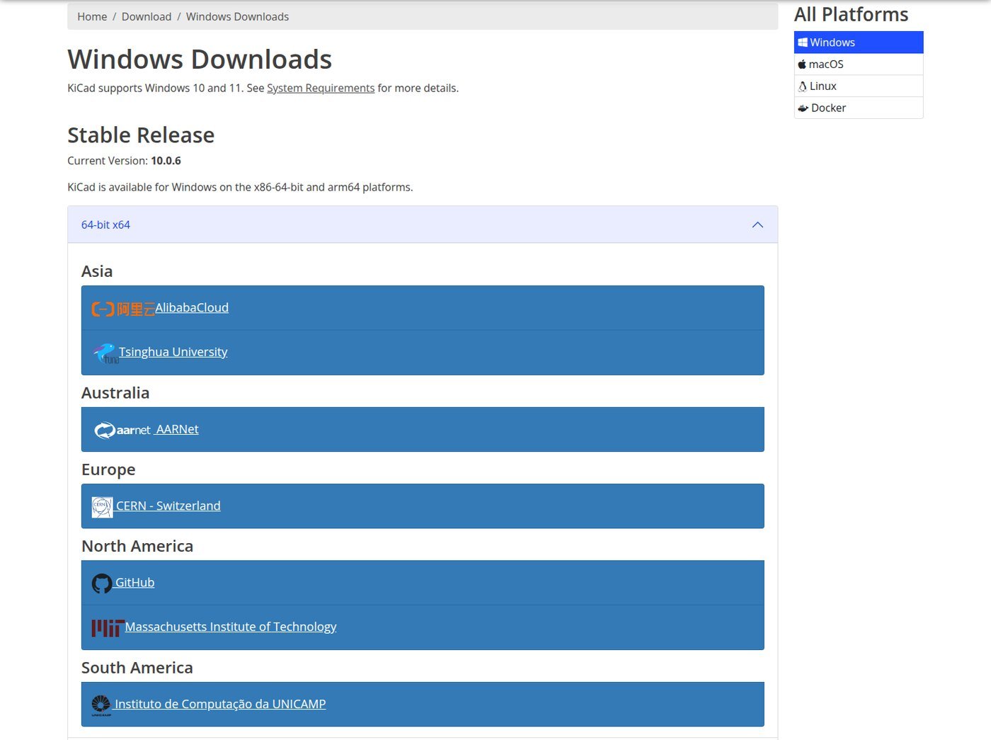 Página oficial de download do KiCad para Windows mostrando a versão 10.0.6 e a lista de espelhos