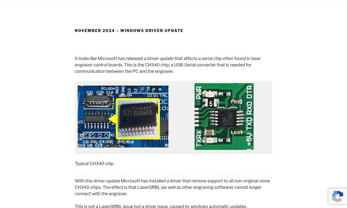 Página oficial do LaserGRBL intitulada November 2024 Windows driver update, com fotos de dois chips CH340 em placas e o texto explicando que a atualização da Microsoft removeu o suporte aos chips clonados