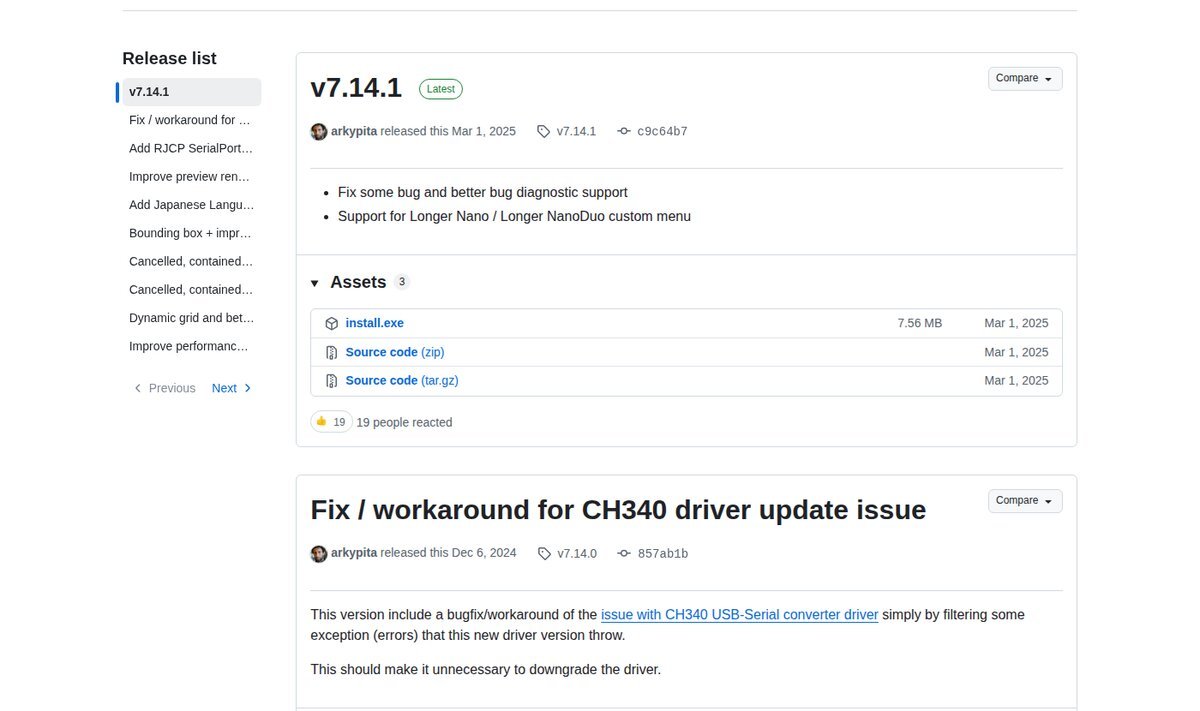 Página oficial de releases do LaserGRBL no GitHub mostrando a versão 7.14.1 como Latest e, abaixo, a versão 7.14.0 chamada Fix workaround for CH340 driver update issue