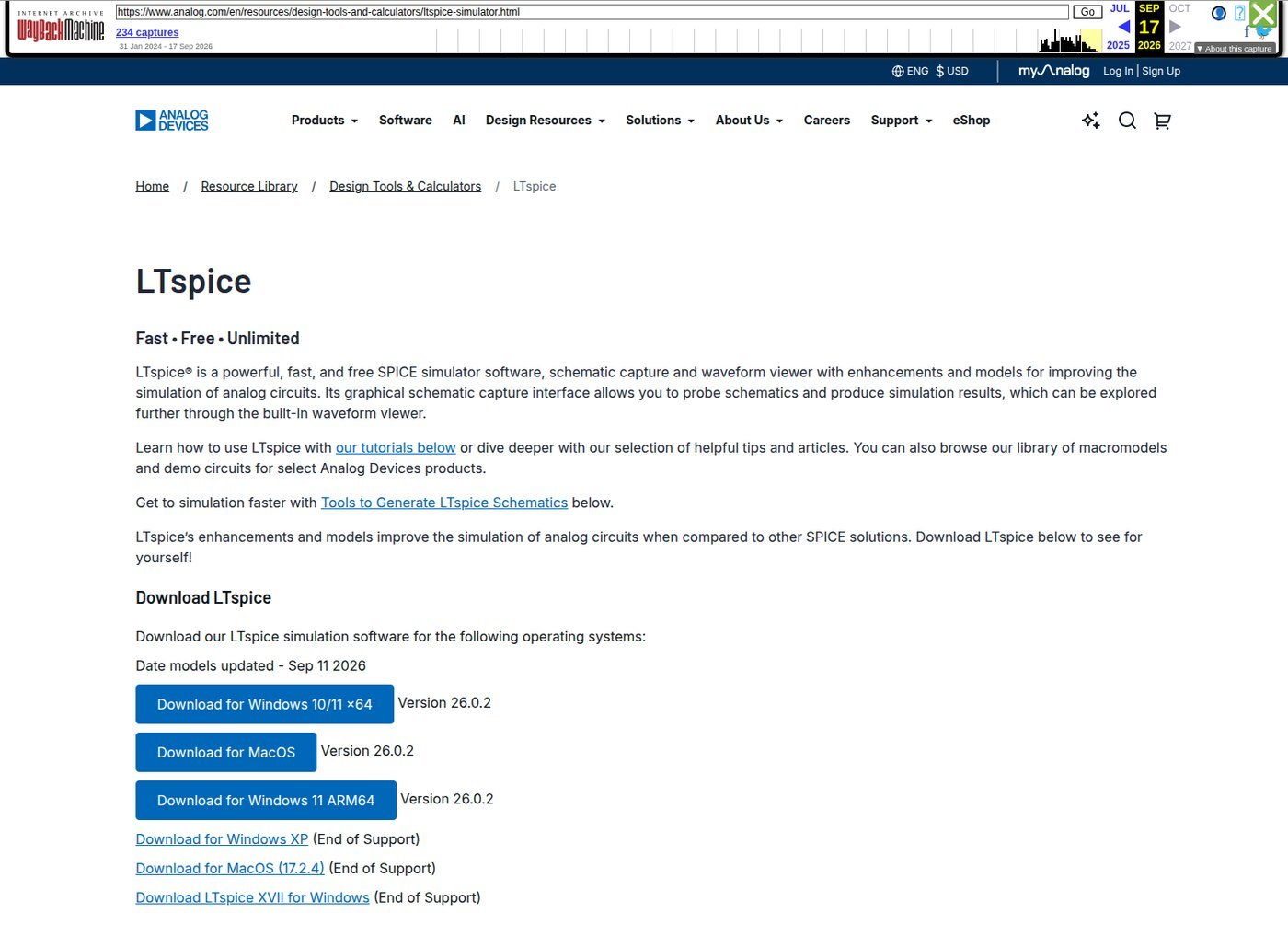 Página oficial de download do LTspice mostrando três botões com a etiqueta Versão 26.0.2