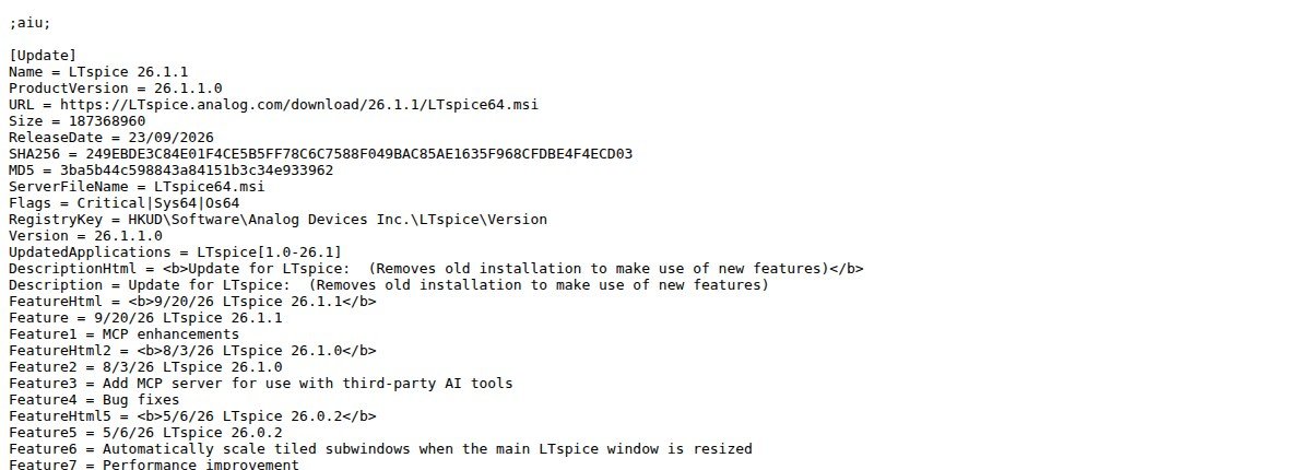 Arquivo de atualização oficial do LTspice mostrando versão 26.1.1, tamanho, data e SHA-256