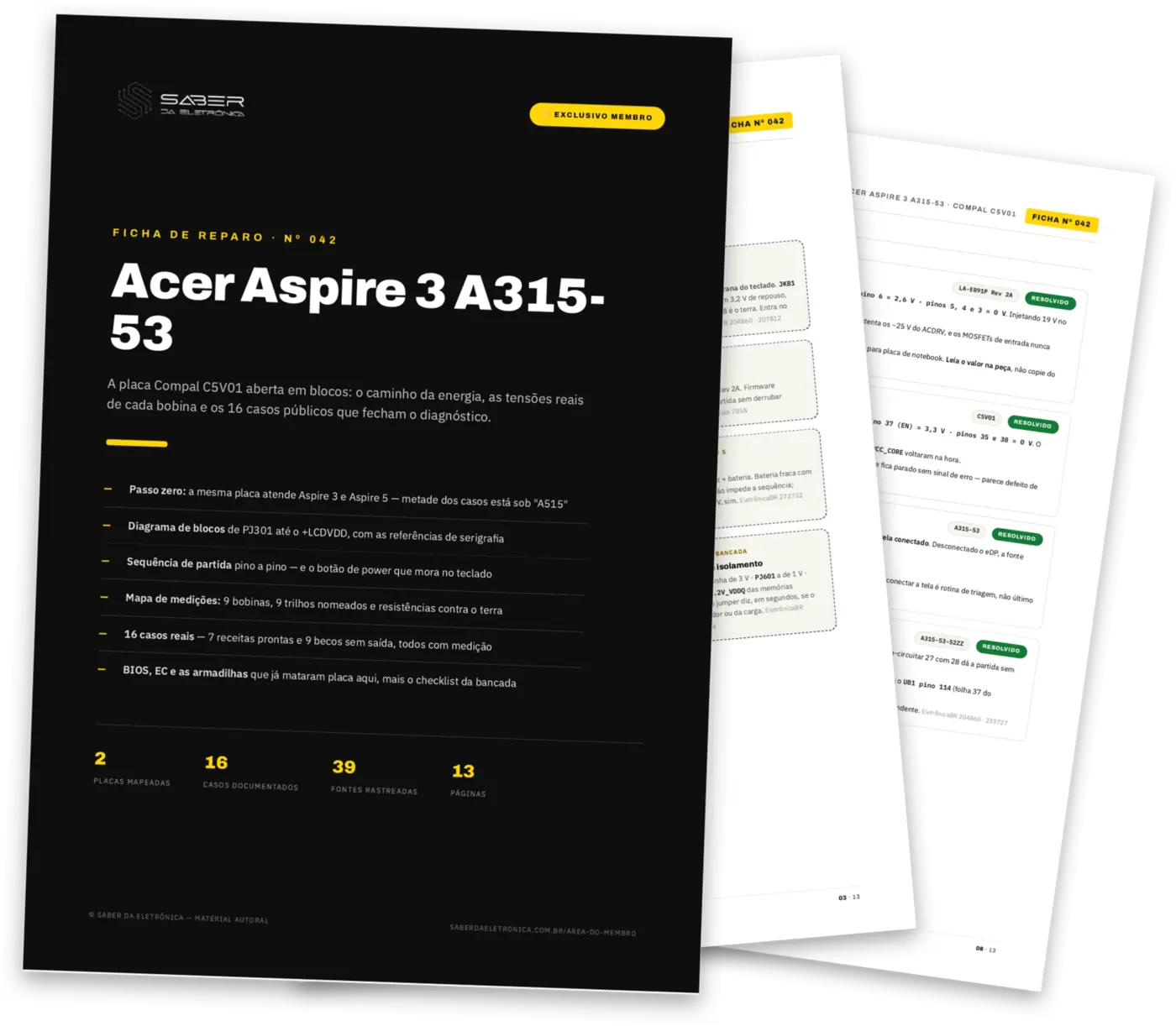 Três páginas de uma ficha do Mapa da Placa: a capa do Acer Aspire 3 A315-53, o diagrama de blocos e a lista de casos resolvidos