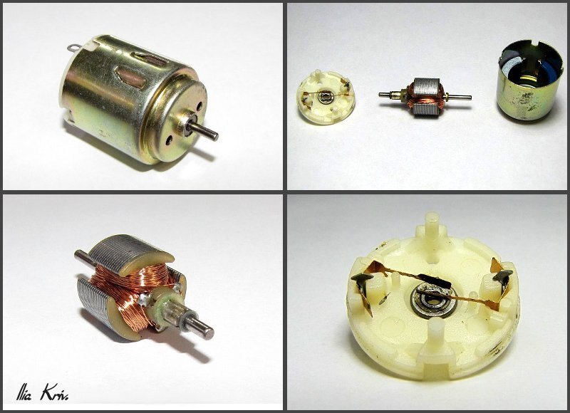 Motor de corrente contínua escovado desmontado: carcaça com ímãs, rotor com bobinas de cobre e comutador, e a tampa com as escovas