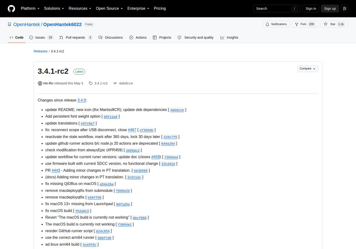 Página de release do OpenHantek6022 no GitHub mostrando a versão 3.4.1-rc2 marcada como Latest